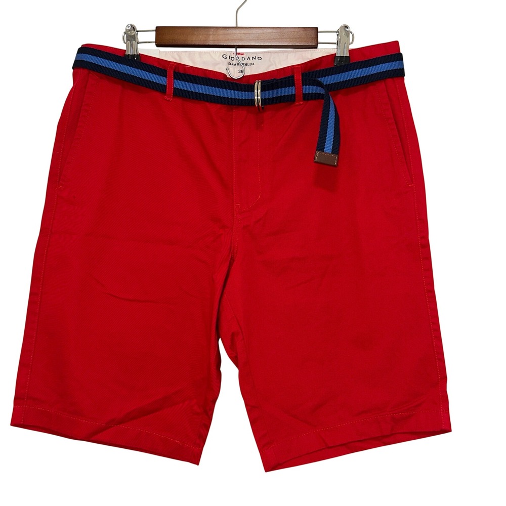 Giordano Slim Bermuda Shorts Mens 36 Red New Belted Cotton Chino
